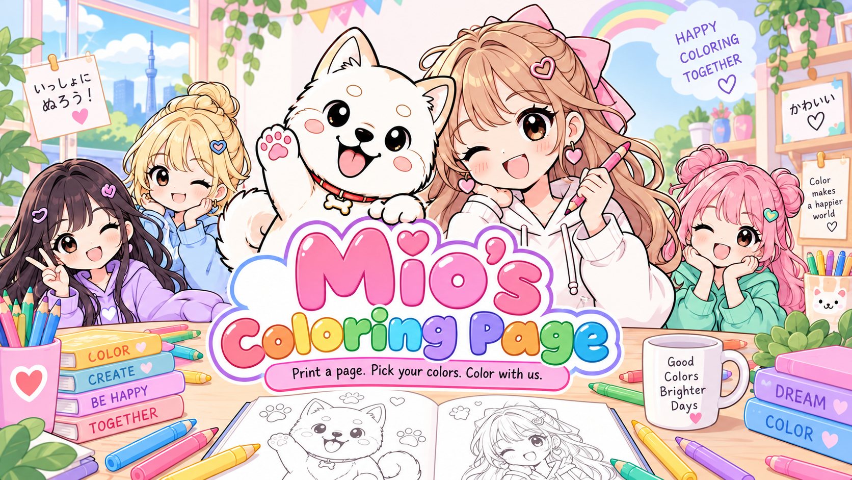 Mio, Luna, Chika, Sara, and Shiiba-chan together at their coloring table.
